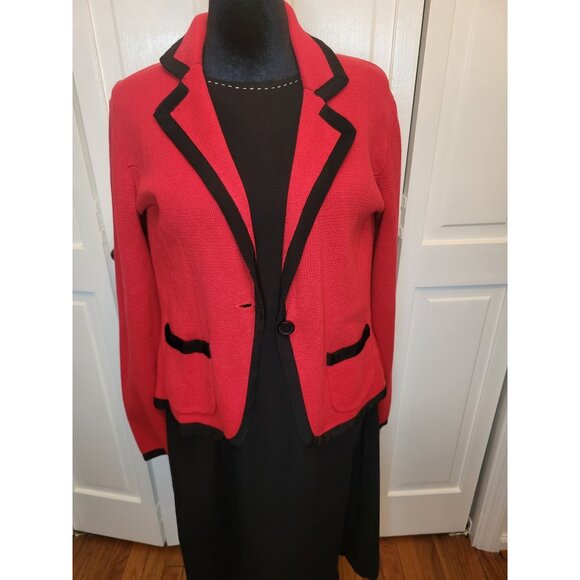 Red Sweater Knit Blazer Black Trim Pockets L Christmas Festive Party Office - Picture 1 of 9